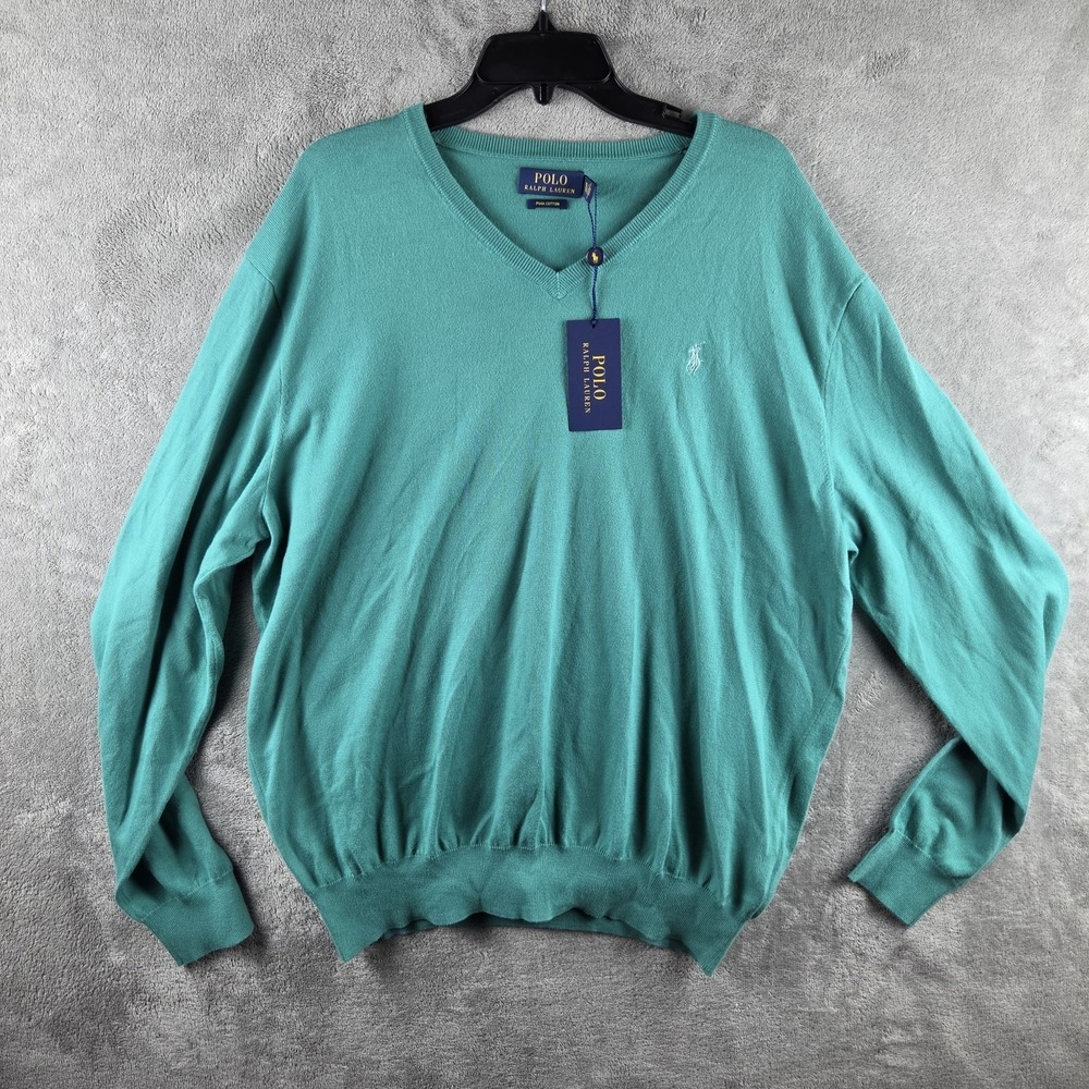 NWT Polo Ralph Lauren Turquoise Pima Cotton V Neck Sweater Mens XL Pony Logo